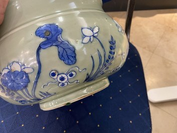 A Chinese blue and white celadon-ground censer, Kangxi
